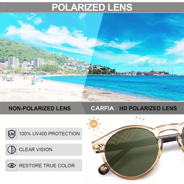 CARFIA Round Acetate Mens Sunglasses Polarized UV Protection Classic Retro Sun Glasses CA5289L1 Tortoise Arm Green Lens