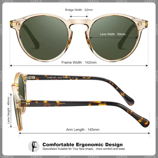 CARFIA Round Acetate Mens Sunglasses Polarized UV Protection Classic Retro Sun Glasses CA5289L1 Tortoise Arm Green Lens
