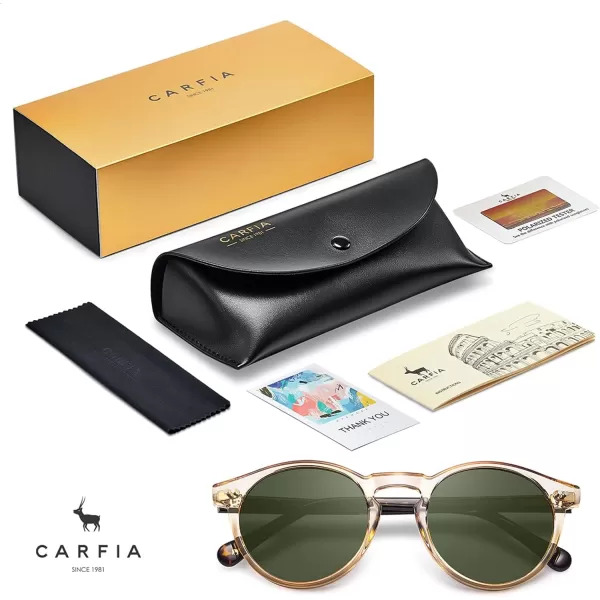 CARFIA Round Acetate Mens Sunglasses Polarized UV Protection Classic Retro Sun Glasses CA5289L1 Tortoise Arm Green Lens