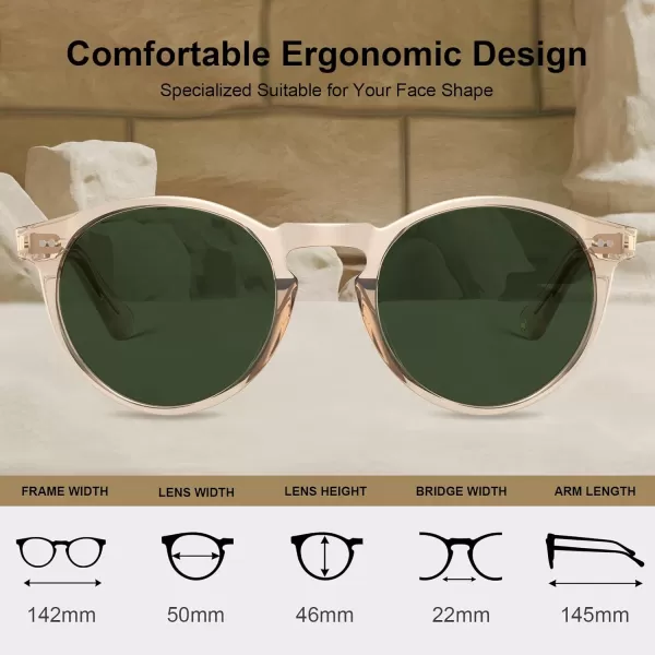CARFIA Round Acetate Mens Sunglasses Polarized UV Protection Classic Retro Sun Glasses CA5289L2 Clear Brown Frame Green Lens
