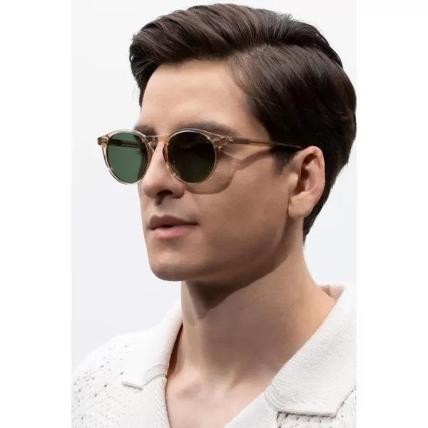 CARFIA Round Acetate Mens Sunglasses Polarized UV Protection Classic Retro Sun Glasses CA5289L2 Clear Brown Frame Green Lens