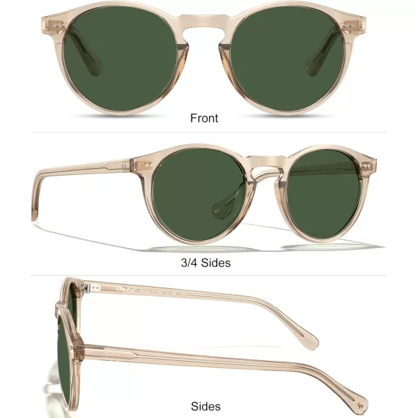 CARFIA Round Acetate Mens Sunglasses Polarized UV Protection Classic Retro Sun Glasses CA5289L2 Clear Brown Frame Green Lens