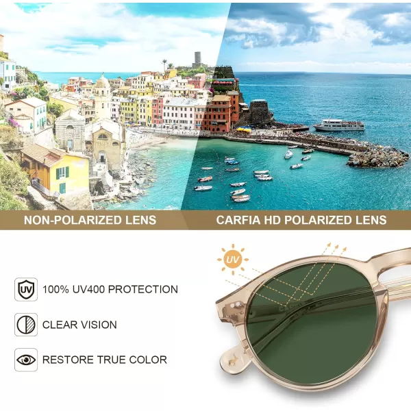 CARFIA Round Acetate Mens Sunglasses Polarized UV Protection Classic Retro Sun Glasses CA5289L2 Clear Brown Frame Green Lens