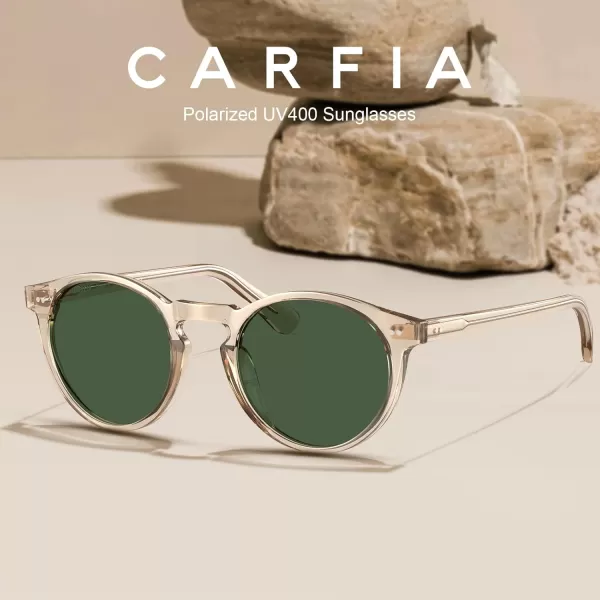 CARFIA Round Acetate Mens Sunglasses Polarized UV Protection Classic Retro Sun Glasses CA5289L2 Clear Brown Frame Green Lens