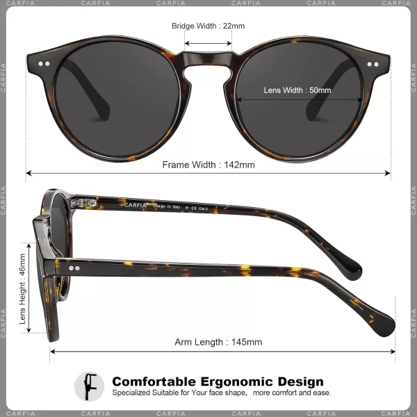 CARFIA Round Acetate Mens Sunglasses Polarized UV Protection Classic Retro Sun Glasses CA5289L3 Tortoise Frame Grey Lens