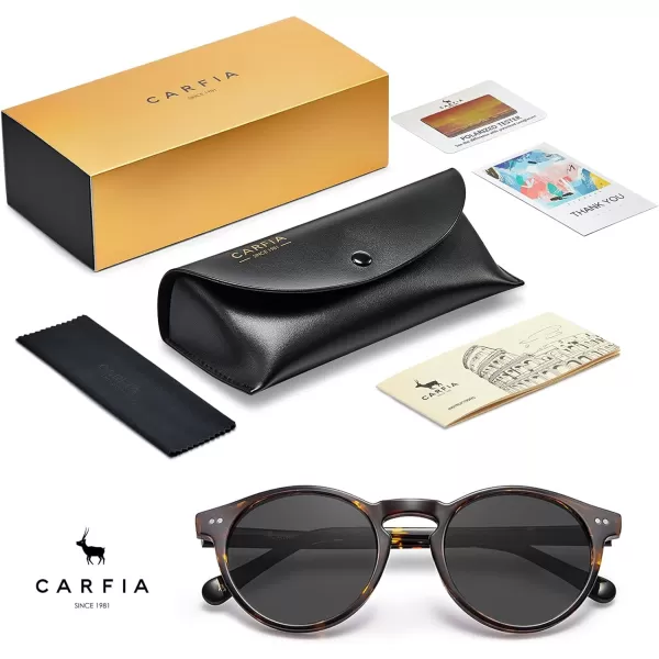 CARFIA Round Acetate Mens Sunglasses Polarized UV Protection Classic Retro Sun Glasses CA5289L3 Tortoise Frame Grey Lens