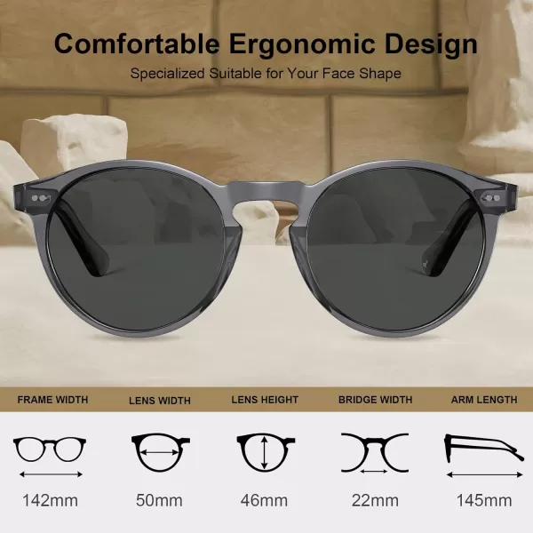 CARFIA Round Acetate Mens Sunglasses Polarized UV Protection Classic Retro Sun Glasses CA5289L4 Grey Frame Grey Lens