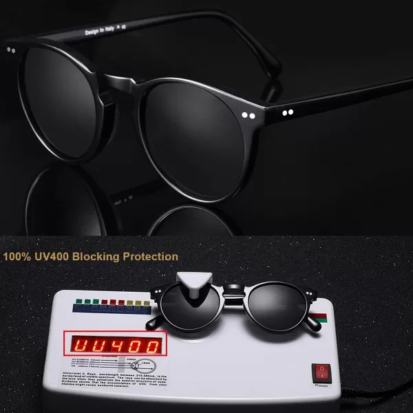 CARFIA Round Acetate Mens Sunglasses Polarized UV Protection Classic Retro Sun Glasses CA5289L5 Black Frame Grey Lens