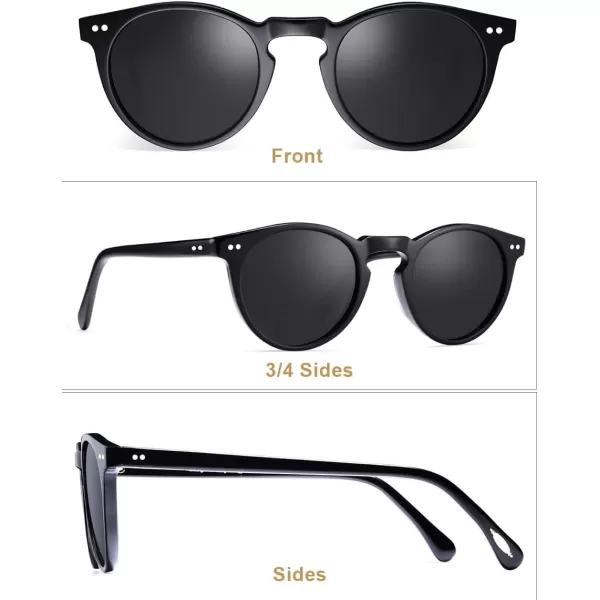 CARFIA Round Acetate Mens Sunglasses Polarized UV Protection Classic Retro Sun Glasses CA5289L5 Black Frame Grey Lens