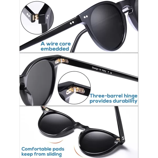 CARFIA Round Acetate Mens Sunglasses Polarized UV Protection Classic Retro Sun Glasses CA5289L5 Black Frame Grey Lens