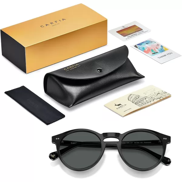 CARFIA Round Acetate Mens Sunglasses Polarized UV Protection Classic Retro Sun Glasses CA5289L5 Black Frame Grey Lens