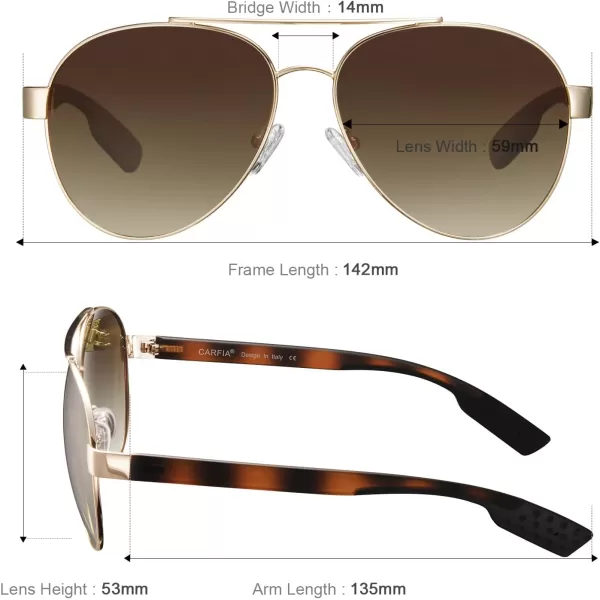 CARFIA Wide Temples Pilot Sunglasses for Men Polarized UV400 Protection Classic Trendy Style Eyewear CA53781 Gold Frame  Gradient Brown Lens