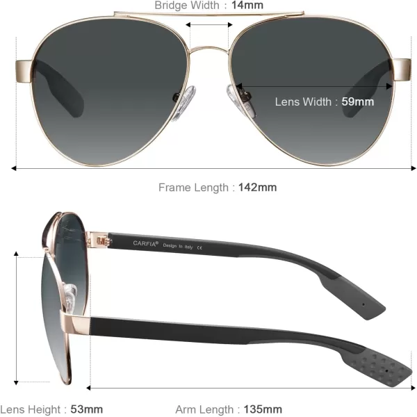 CARFIA Wide Temples Pilot Sunglasses for Men Polarized UV400 Protection Classic Trendy Style Eyewear CA53782 Gold Frame  Gradient Grey Lens