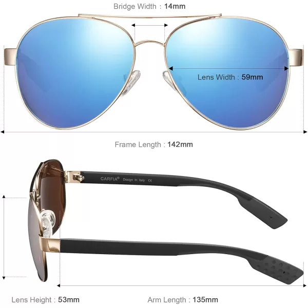 CARFIA Wide Temples Pilot Sunglasses for Men Polarized UV400 Protection Classic Trendy Style Eyewear CA53783 Gold Frame  Iceblue Mirror