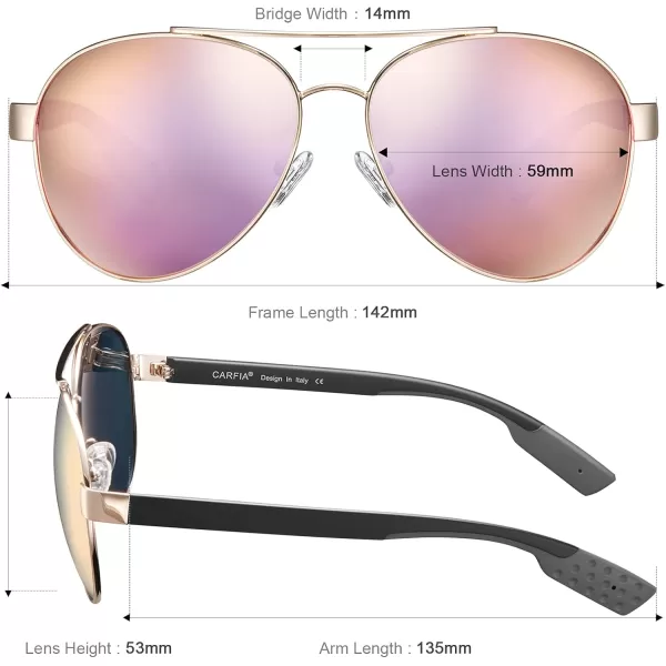CARFIA Wide Temples Pilot Sunglasses for Men Polarized UV400 Protection Classic Trendy Style Eyewear CA53784 Gold Frame  Pink  Purple Mirror