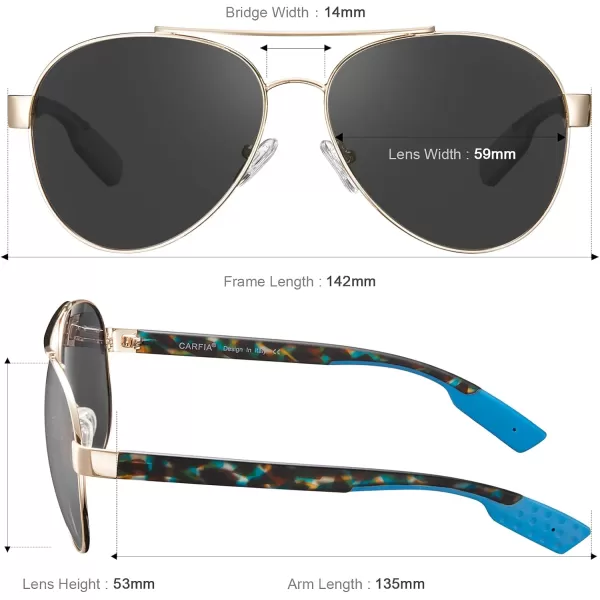 CARFIA Wide Temples Pilot Sunglasses for Men Polarized UV400 Protection Classic Trendy Style Eyewear CA53785 Gold Frame  Grey Lens