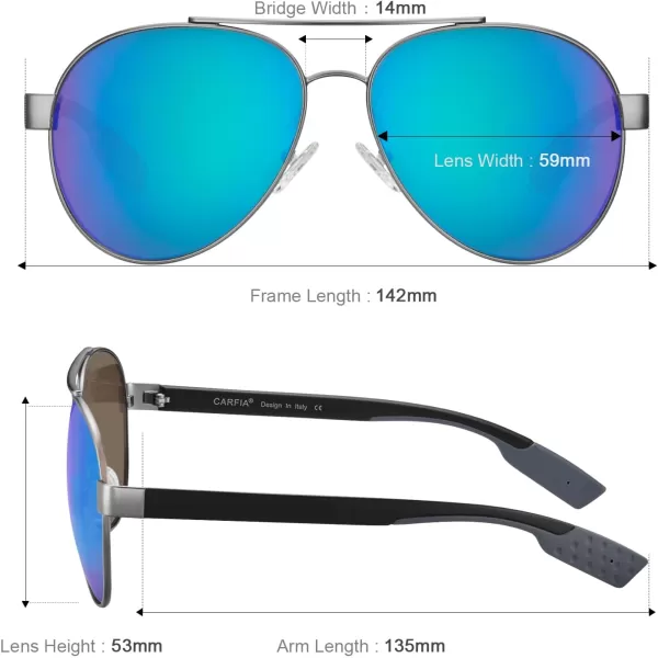CARFIA Wide Temples Pilot Sunglasses for Men Polarized UV400 Protection Classic Trendy Style Eyewear CA53786 Grey Frame  Optical Palladium Blue Mirror