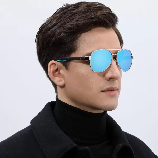 CARFIA Wide Temples Pilot Sunglasses for Men Polarized UV400 Protection Classic Trendy Style Eyewear CA53787 Golden Tortoiseshell Frame  Iceblue Mirror