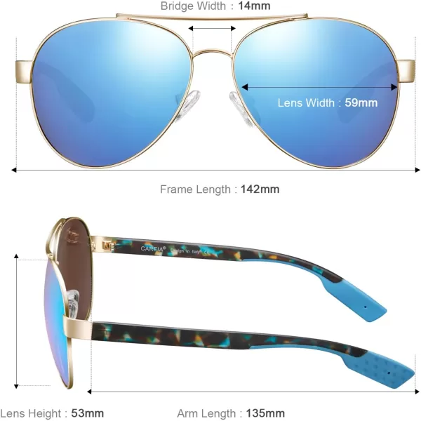 CARFIA Wide Temples Pilot Sunglasses for Men Polarized UV400 Protection Classic Trendy Style Eyewear CA53787 Golden Tortoiseshell Frame  Iceblue Mirror