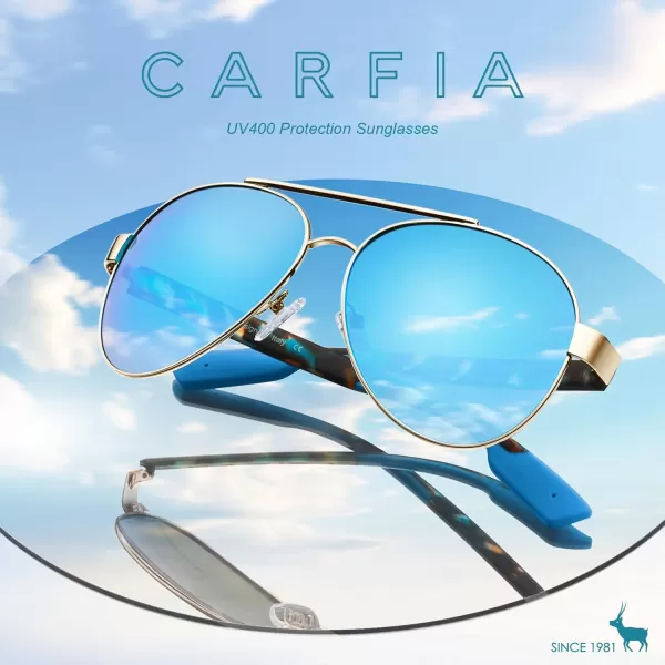 CARFIA Wide Temples Pilot Sunglasses for Men Polarized UV400 Protection Classic Trendy Style Eyewear CA53787 Golden Tortoiseshell Frame  Iceblue Mirror