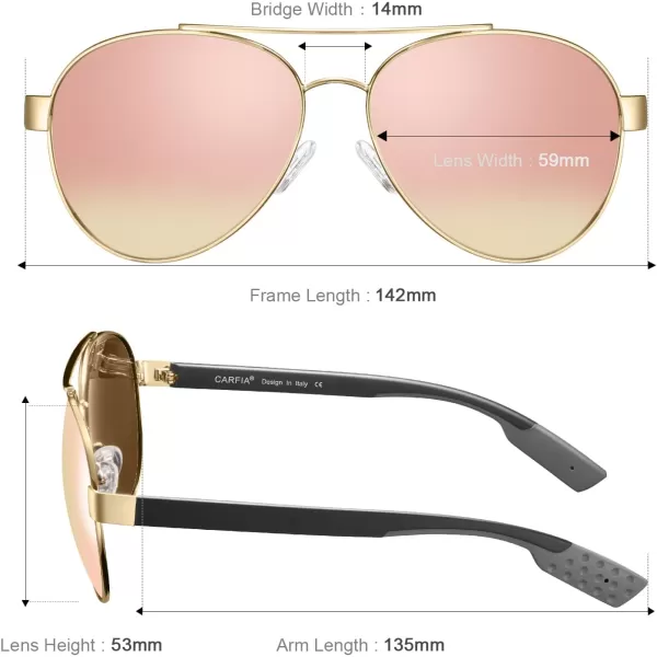 CARFIA Wide Temples Pilot Sunglasses for Men Polarized UV400 Protection Classic Trendy Style Eyewear CA53788 Gold Frame  Pink  Gold Mirror