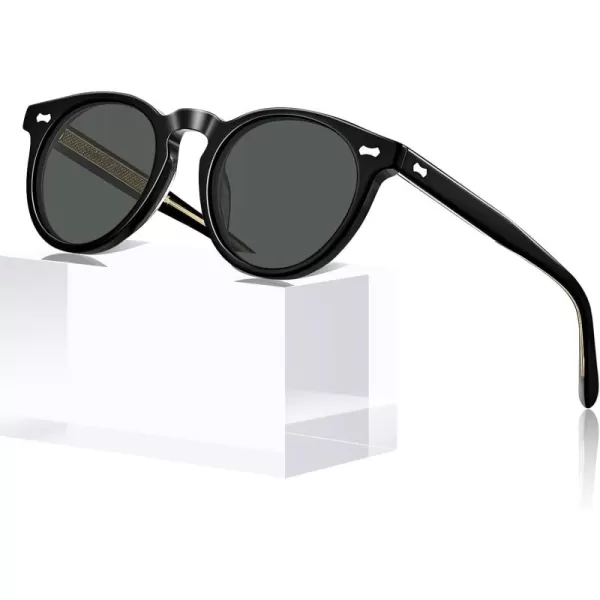 CARFIA Retro Acetate Polarized Sunglasses for Men UV Protection Vintage Round Frame Eyewear with Gold Filigree CA5506A Black Acetate Frame  Grey Lens