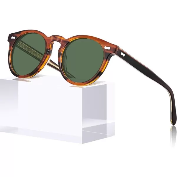 CARFIA Retro Acetate Polarized Sunglasses for Men UV Protection Vintage Round Frame Eyewear with Gold Filigree CA5506B Striped Brown Frame  Green Lens