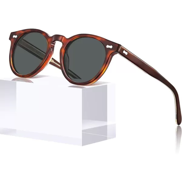 CARFIA Retro Acetate Polarized Sunglasses for Men UV Protection Vintage Round Frame Eyewear with Gold Filigree CA5506C Brown Tortoiseshell Frame  Grey Lens