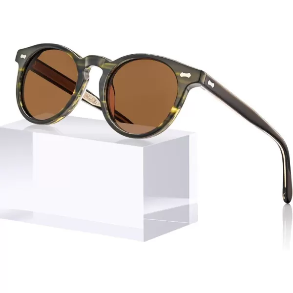CARFIA Retro Acetate Polarized Sunglasses for Men UV Protection Vintage Round Frame Eyewear with Gold Filigree CA5506D Black and Green Floral Frame  Brown Lens