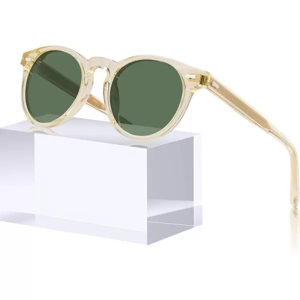 CARFIA Retro Acetate Polarized Sunglasses for Men UV Protection Vintage Round Frame Eyewear with Gold Filigree CA5506E Clear Yellow Frame  Green Lens