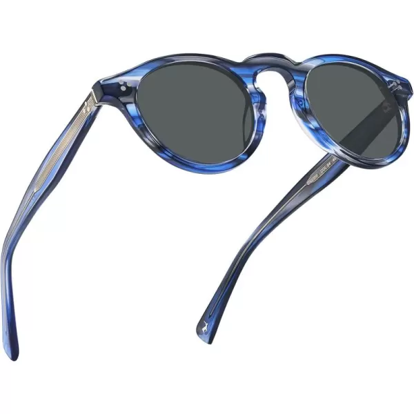 CARFIA Retro Mens Sunglasses Polarized UV400 Protection Small Round Acetate Italian Luxury Style Driving Shades7striped Frame Gray Lens