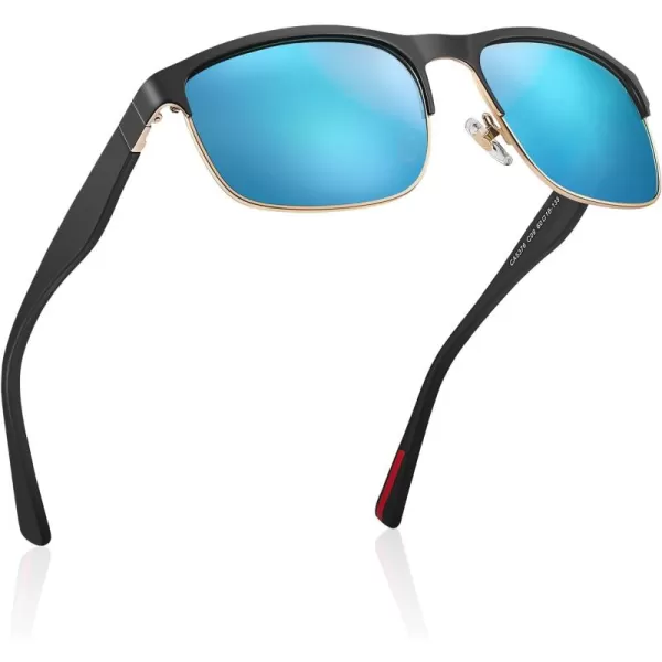 CARFIA Retro Polarized Sunglasses for Men UV Protection Fashion Cool Driving Sun Glasses Metal Square Frame CA5376B4 Black Gold Frame Blue Mirror