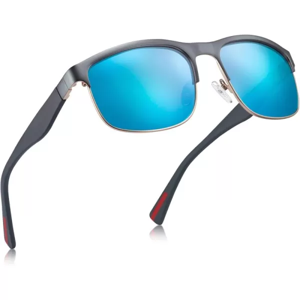 CARFIA Retro Polarized Sunglasses for Men UV Protection Fashion Cool Driving Sun Glasses Metal Square Frame CA5376B6 Gun Gold Frame Blue Mirror