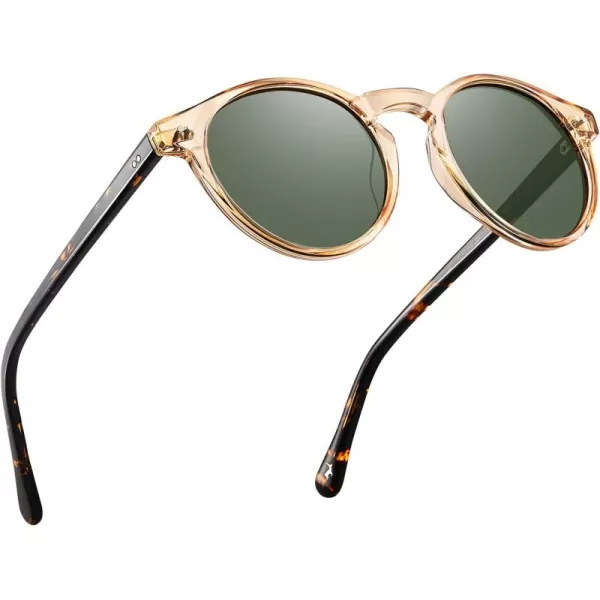 CARFIA Round Acetate Mens Sunglasses Polarized UV Protection Classic Retro Sun Glasses CA5289L1 Tortoise Arm Green Lens