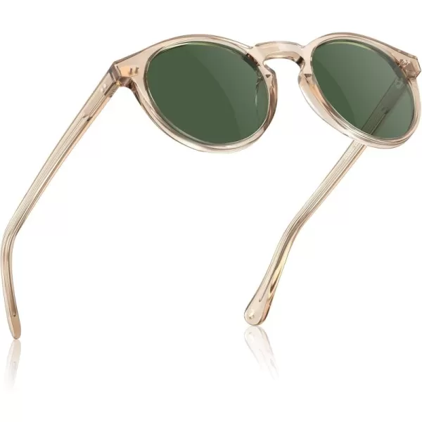 CARFIA Round Acetate Mens Sunglasses Polarized UV Protection Classic Retro Sun Glasses CA5289L2 Clear Brown Frame Green Lens