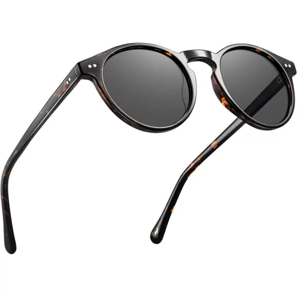 CARFIA Round Acetate Mens Sunglasses Polarized UV Protection Classic Retro Sun Glasses CA5289L3 Tortoise Frame Grey Lens