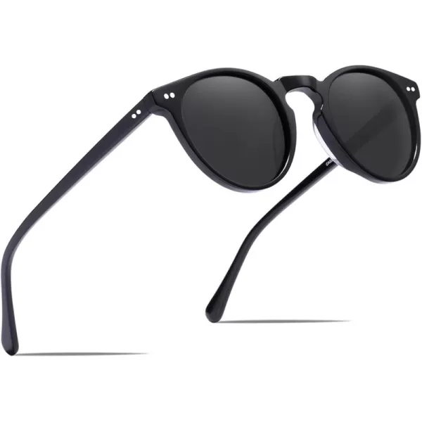 CARFIA Round Acetate Mens Sunglasses Polarized UV Protection Classic Retro Sun Glasses CA5289L5 Black Frame Grey Lens