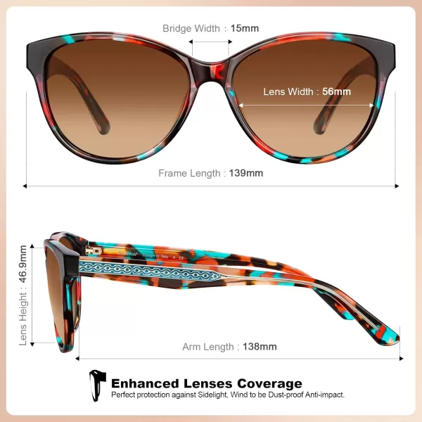 CARFIA Cateye Polarized Sunglasses for Women UV Protection Italy Handcrafted Acetate Frame with Embossed Pattern Wire Core3 Red Floral Frame Gradient Brown Lens