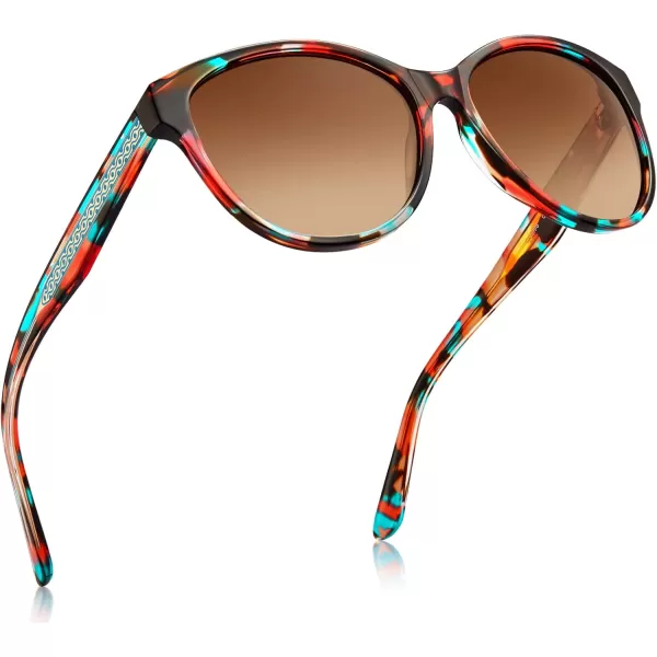 CARFIA Cateye Polarized Sunglasses for Women UV Protection Italy Handcrafted Acetate Frame with Embossed Pattern Wire Core3 Red Floral Frame Gradient Brown Lens