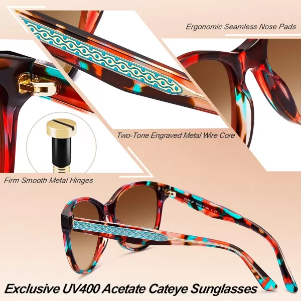 CARFIA Cateye Polarized Sunglasses for Women UV Protection Italy Handcrafted Acetate Frame with Embossed Pattern Wire Core3 Red Floral Frame Gradient Brown Lens