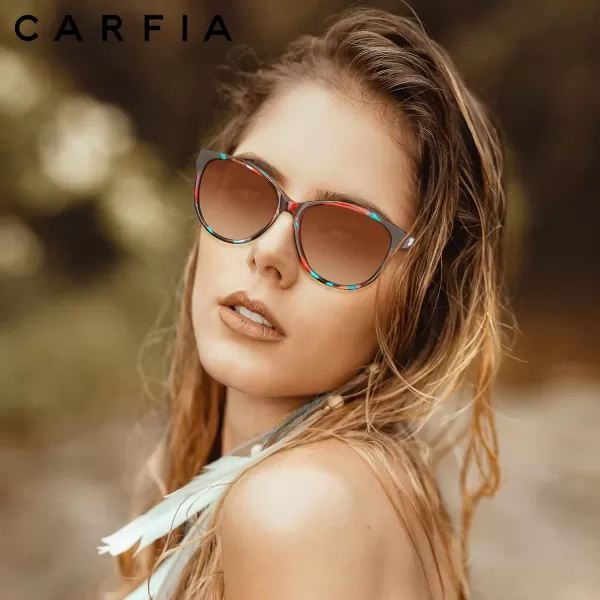 CARFIA Cateye Polarized Sunglasses for Women UV Protection Italy Handcrafted Acetate Frame with Embossed Pattern Wire Core3 Red Floral Frame Gradient Brown Lens