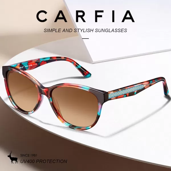 CARFIA Cateye Polarized Sunglasses for Women UV Protection Italy Handcrafted Acetate Frame with Embossed Pattern Wire Core3 Red Floral Frame Gradient Brown Lens
