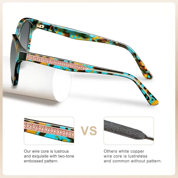CARFIA Cateye Polarized Sunglasses for Women UV Protection Italy Handcrafted Acetate Frame with Embossed Pattern Wire Core5 Turquoise Frame Gradient Grey Lens