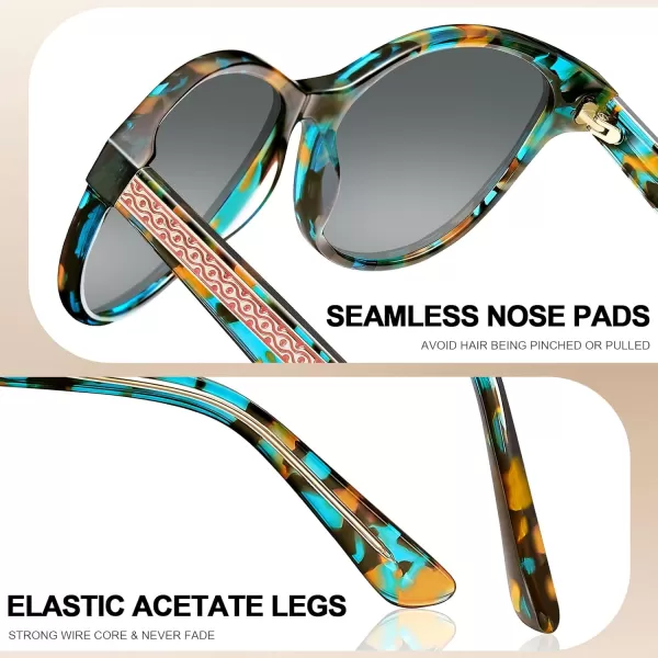 CARFIA Cateye Polarized Sunglasses for Women UV Protection Italy Handcrafted Acetate Frame with Embossed Pattern Wire Core5 Turquoise Frame Gradient Grey Lens