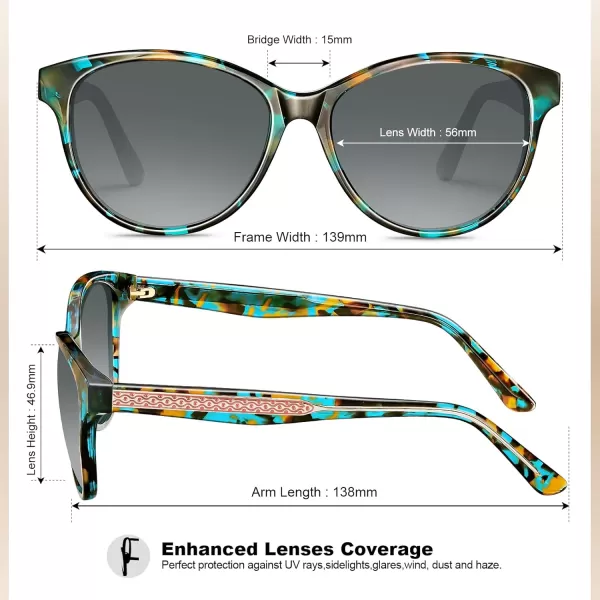 CARFIA Cateye Polarized Sunglasses for Women UV Protection Italy Handcrafted Acetate Frame with Embossed Pattern Wire Core5 Turquoise Frame Gradient Grey Lens