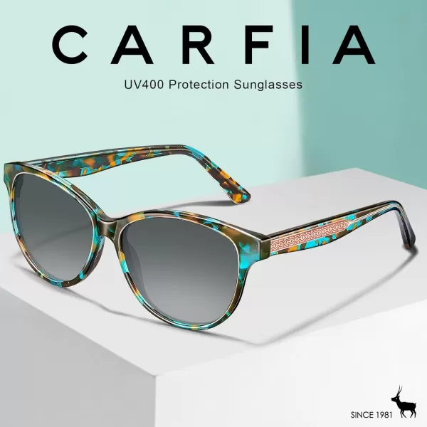 CARFIA Cateye Polarized Sunglasses for Women UV Protection Italy Handcrafted Acetate Frame with Embossed Pattern Wire Core5 Turquoise Frame Gradient Grey Lens