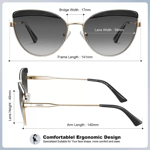 CARFIA Matal Acetate Cateye Polarized Sunglasses for Women UV Protection CA5382Black Frame Gradient Grey Lens