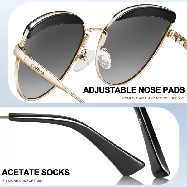 CARFIA Matal Acetate Cateye Polarized Sunglasses for Women UV Protection CA5382Black Frame Gradient Grey Lens