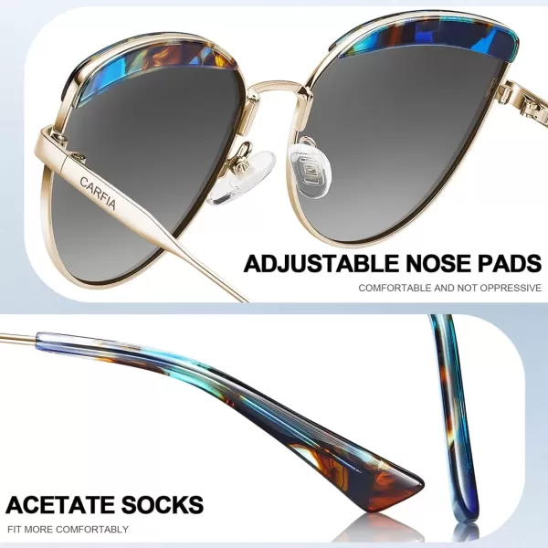 CARFIA Matal Acetate Cateye Polarized Sunglasses for Women UV Protection CA5382Blue Tortoise Frame Gradient Grey Lens