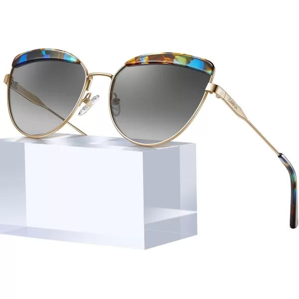 CARFIA Matal Acetate Cateye Polarized Sunglasses for Women UV Protection CA5382Blue Tortoise Frame Gradient Grey Lens